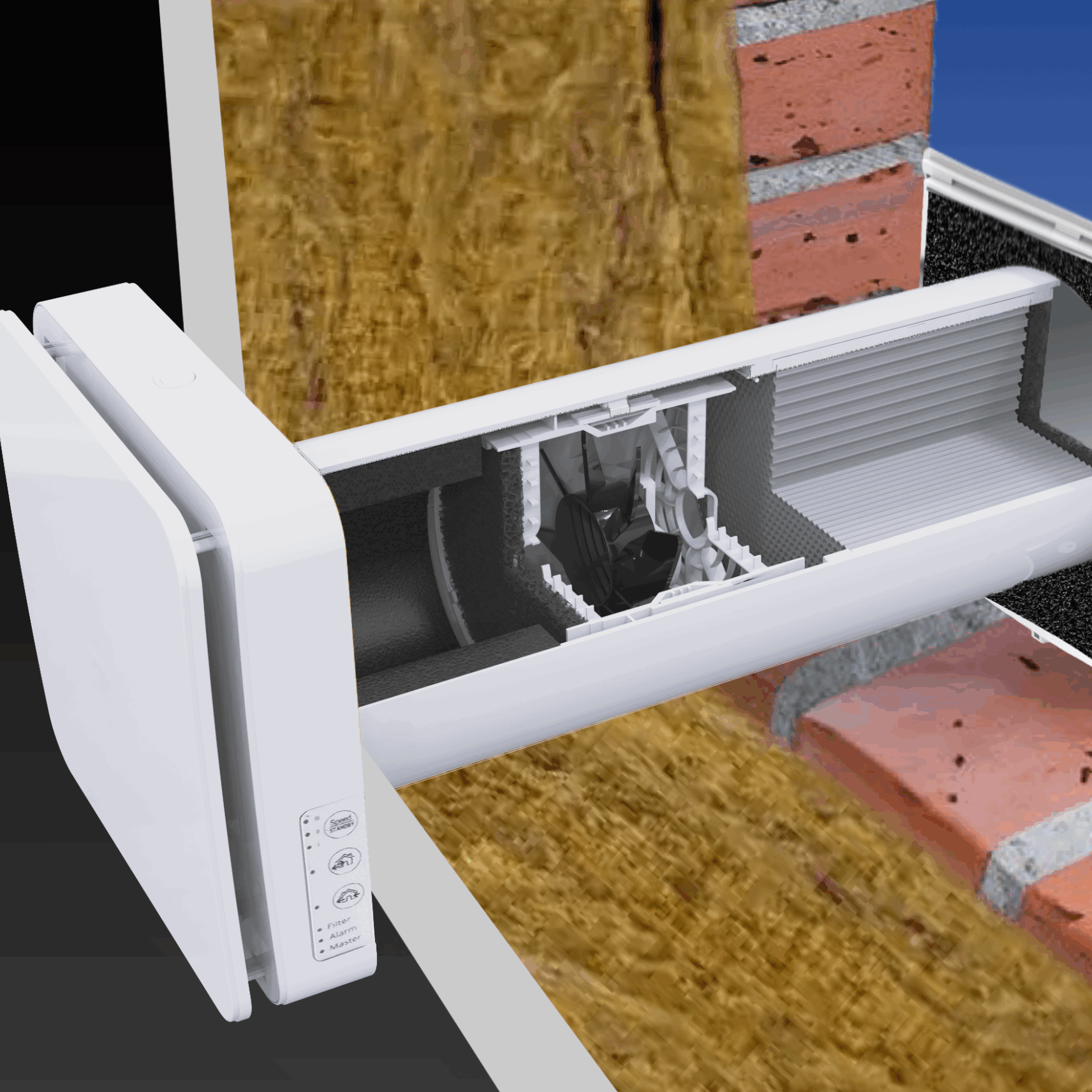 DUKA One pro 50 S in a transparent wall where you can see the inside, wall penetration and outside